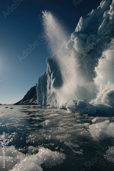 Fototapeta A dramatic moment of a massive iceberg collapsing into the ocean, shards of ice breaking off and splashing into the cold water, frozen fragments suspended mid-air, bright clear sky in the background