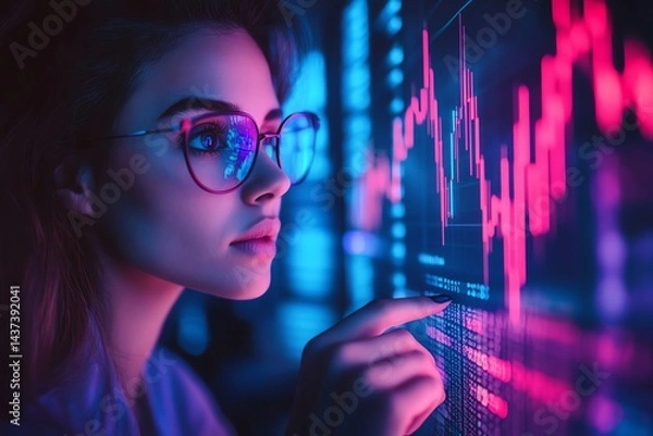 Obraz Woman Analyzing Financial Data: Neon-Lit Stock Market Chart