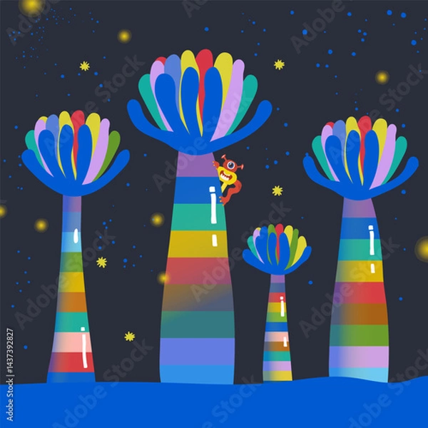 Obraz Cute illustration with colorful alien flowers and cute aliens and starry sky.