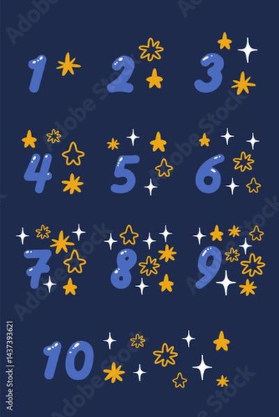 Obraz Poster with numbers and stars on a dark blue background for education, vector illustration.
