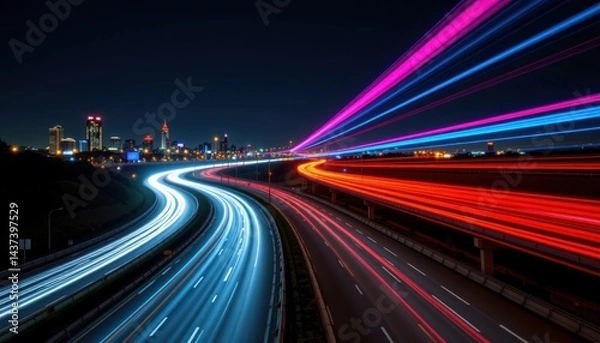 Fototapeta Highway at night captured with colorful light trails symbolizing fast paced digital marketing, online business speed