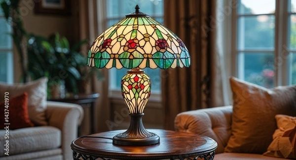 Obraz Tiffany style stained glass lamp on side table in living room background