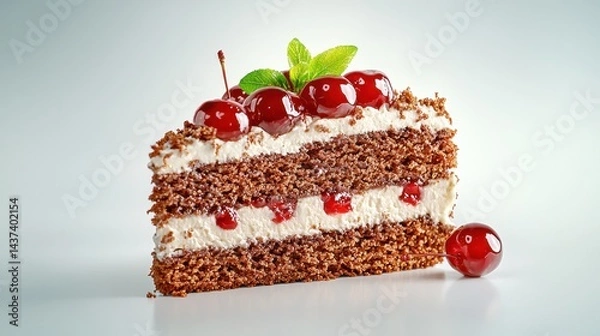 Fototapeta Chocolate Black Forest Cake Slice Displayed with Cream Cherries and Mint on White Surface