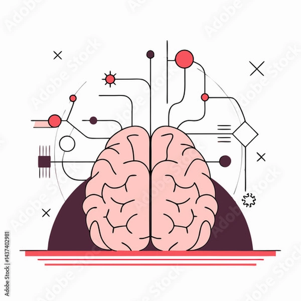 Fototapeta Brain with Connected Lines and Circles in Modern Style  