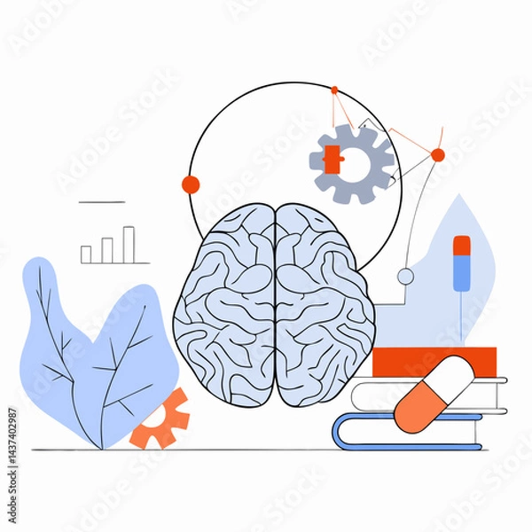 Fototapeta Brain illustration with gears and books in a modern style  