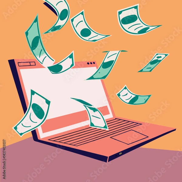 Fototapeta Money falling from a laptop against an orange background  