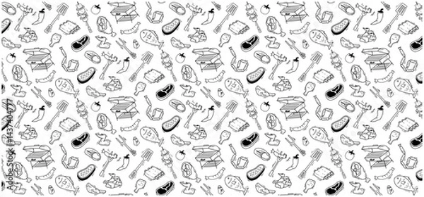 Fototapeta bbq steak beef doodle seamless pattern background food barbeque party