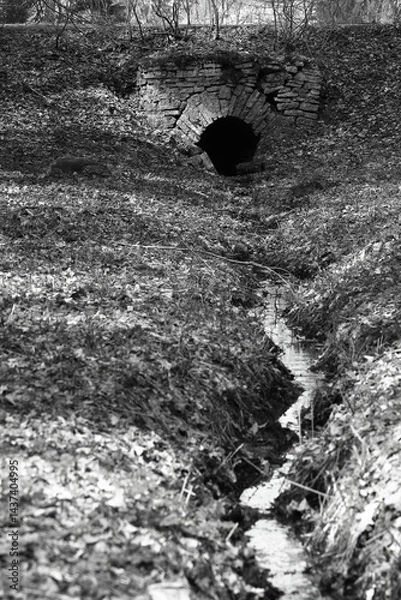 Fototapeta Monochrome concept of a stone drain at the end of a small streambed in a small hollow of the park vertical orientation