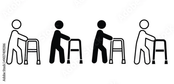 Fototapeta Icons of Person Using a Walker for Mobility Assistance Black and White Color Vector Design Illustration