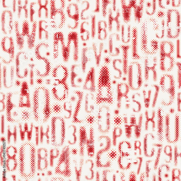 Fototapeta Hand drawn seamless pattern with a font consisting of dots. On the theme of matrix print, computer games, digital technology, pixels. A set of letters and numbers of an  alphabet. No AI is used