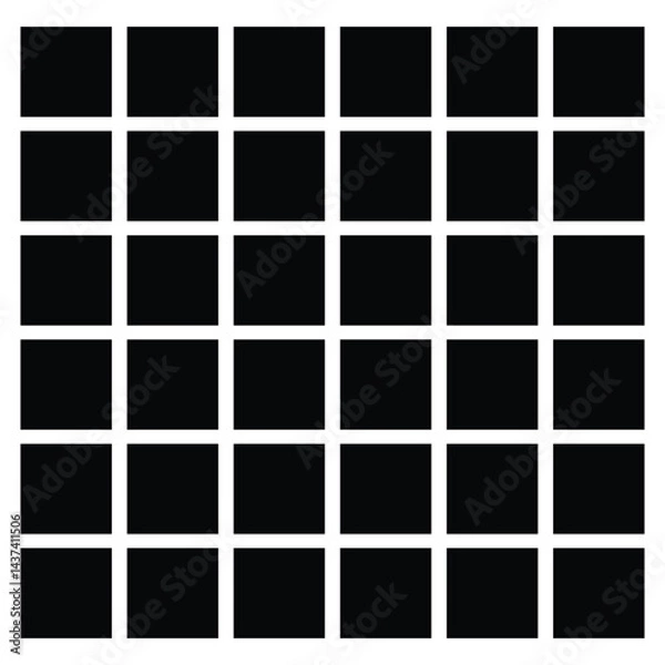 Fototapeta Black fill, no stroke. Square divided in 36 parts, into ninths. 6x6 grid. Isolated  illustration, white background. Asset for overlay, montage, collage, presentation. Business concept. EPS 20 . 