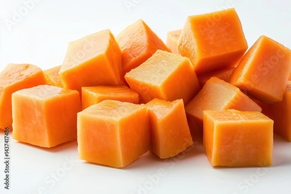 Fototapeta A freshly cut papaya cubes arranged neatly, isolated on a white background.