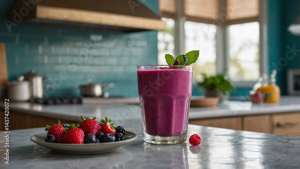 Obraz transparent glass of bright magenta berry smoothie sits in the exact center of the frame. The smoothie is topped with a colorful array of fresh berries, granola, and a drizzle of honey. 