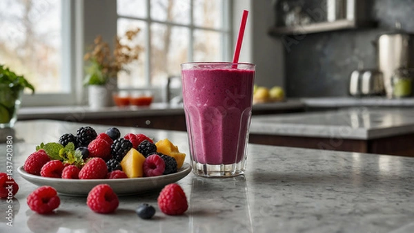 Obraz transparent glass of bright magenta berry smoothie sits in the exact center of the frame. The smoothie is topped with a colorful array of fresh berries, granola, and a drizzle of honey. 