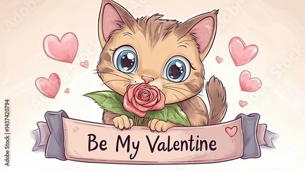 Fototapeta Cute Cartoon Kitten with Big Sparkling Eyes and Playful Expression