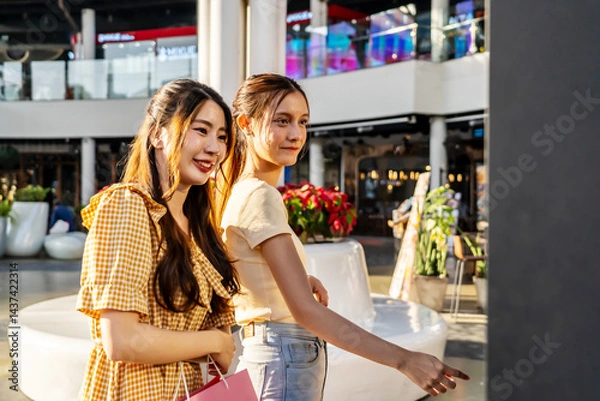 Fototapeta Two young asian woman friends enjoying to make an order in the touch screen, Cheerful girls checks menu choosing dish for lunch, Modern technology to enhance customer experience, they share insights