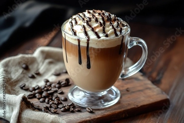 Fototapeta A creamy mocha latte with a shot of espresso, steamed milk, and chocolate syrup
