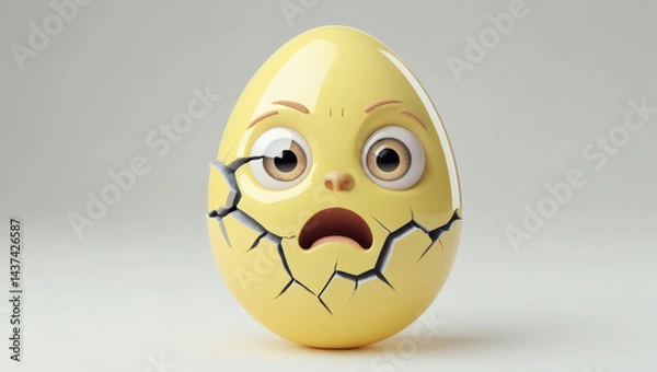Fototapeta A cracked egg-shaped emoji (with a jagged crack across it) showing a startled expression