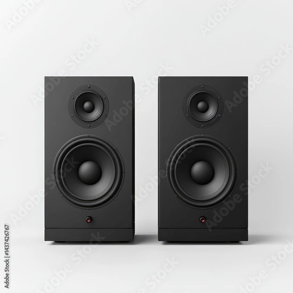 Fototapeta Two black speakers standing side by side, isolated on a white background.