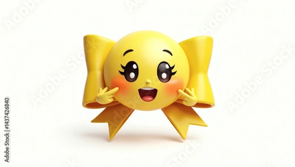 Fototapeta A ribbon bow-shaped emoji with an excited blushing face