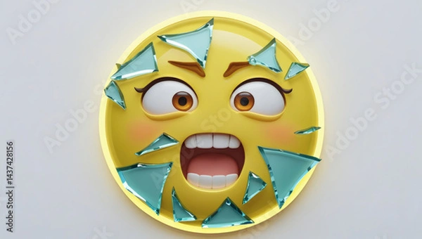Fototapeta A shattered glass-shaped emoji (sharp, jagged shards forming a loose circle) showing a panicked expression