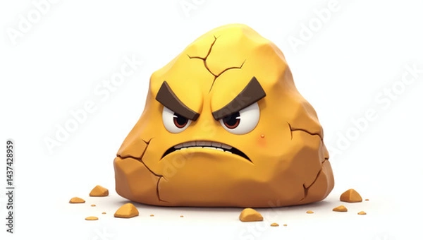 Fototapeta A cracked rock-shaped emoji (chunky and uneven) with a grumpy, stubborn expression