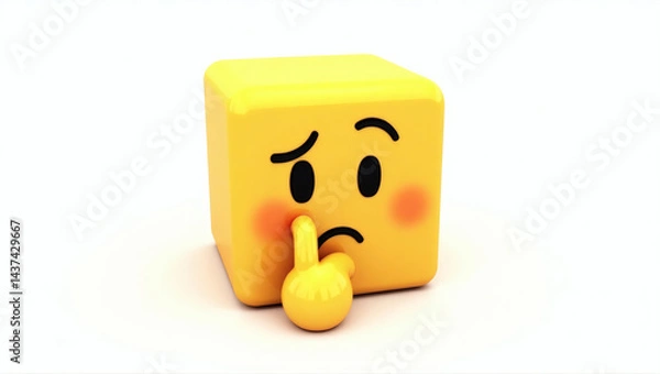 Fototapeta A cube-shaped emoji (3D block) with a thinking face