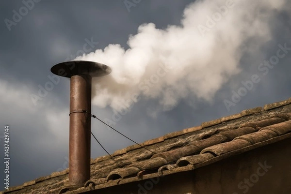 Obraz Close-up of a Vatican chimney releasing white smoke, symbolizing the election of a new Pope. Captured against a cloudy sky with a solemn and historical atmosphere, ideal for religious and editorial us