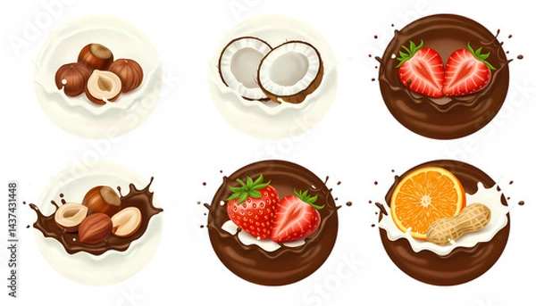 Fototapeta Delicious Fruits and Nuts in Milk and Chocolate Splashes Transparent Background 
