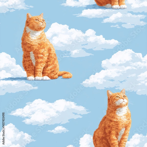 Fototapeta orange cat seamless pattern cloud