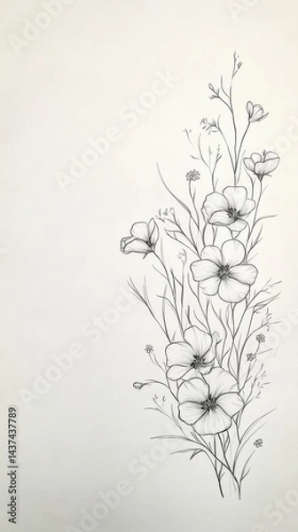 Fototapeta Pencil sketch, delicate flowers, stems, leaves, minimalist.