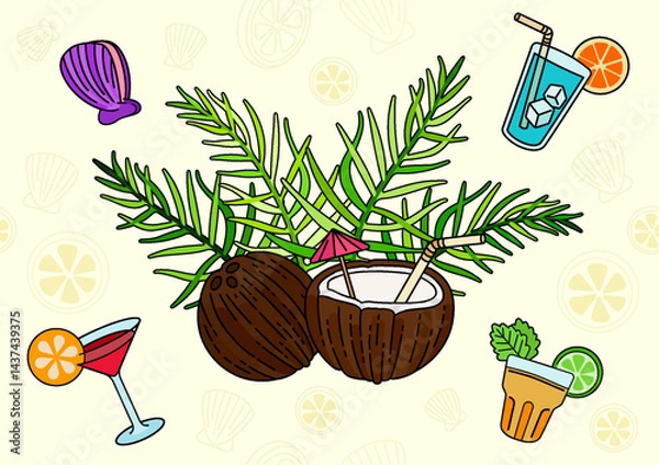 Fototapeta Fun doodle line art of party drinks such as margarita and cocktail with coconut drink dish and coconut leaf for summer and tropical beach holiday theme. Can be used for children books, backgrounds