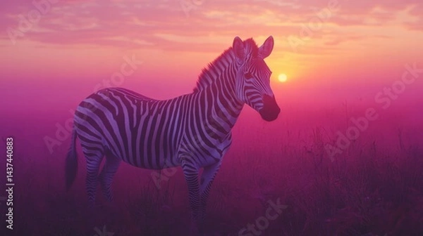 Fototapeta Zebra Stands in Fog with Beautiful Sunrise Background in Soft Pastels