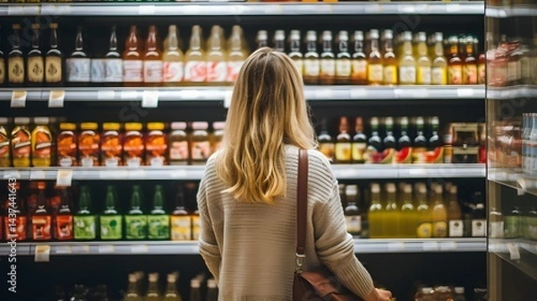 Fototapeta A woman is shopping in a store and looking at the beverage section