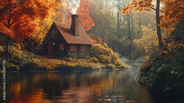 Fototapeta Charming Autumn Cabin by the Peaceful River Surrounded by Colorful Trees