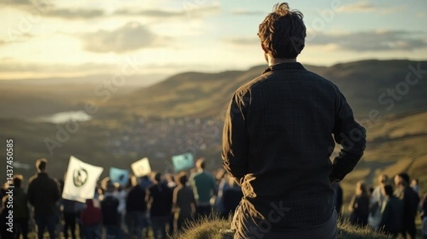 Fototapeta A person stands on a hill, looking at a peaceful sunset. A crowd gathers below, holding flags and signs for hope and change.