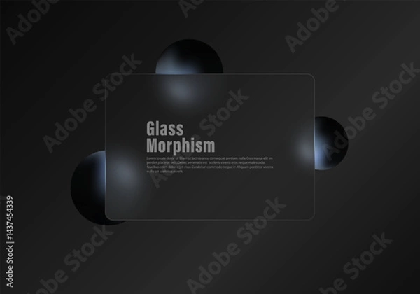 Fototapeta Rectangular matte glass panel and dark 3D spheres. Realistic glass morphism effect on a dark background.