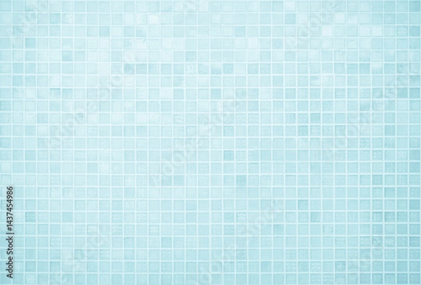 Fototapeta Blue light ceramic wall chequered and floor tiles mosaic background in bathroom, kitchen. Design pattern geometric with grid wallpaper texture decoration pool. Simple seamless abstract surface clean.