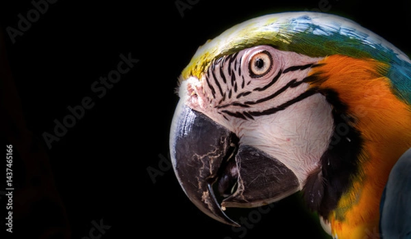 Obraz Striking close-up of a colorful macaw's face showing intricate feather patterns and distinctive beak against a black background.