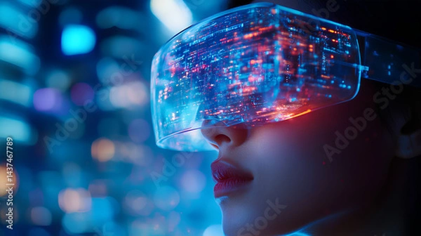 Obraz Futuristic person wearing smart glasses with neon city lights reflection