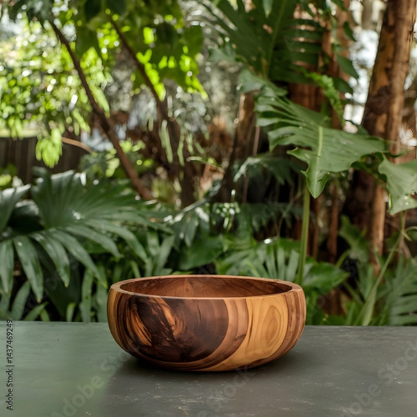 Fototapeta A handcrafted wooden bowl with rich natural patterns, placed on a table outdoors with lush green foliage in the background.