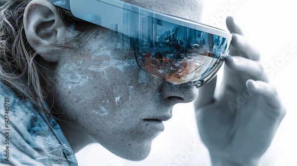 Obraz Futuristic person wearing smart glasses with neon city lights reflection