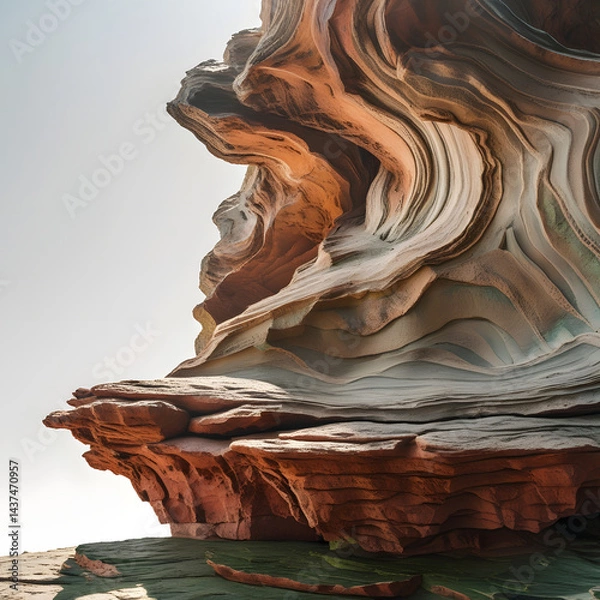 Fototapeta A stunning layered rock formation with flowing, wave-like textures in warm earthy tones, captured under soft natural light.