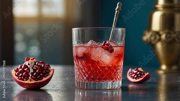 Obraz Bright Winter Mocktail with Pomegranate A tall glass filled with a vibrant ruby-red pomegranate mocktail, garnished with a sprig of rosemary. The drink is topped with crushed ice and a splash of soda