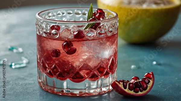 Obraz Bright Winter Mocktail with Pomegranate A tall glass filled with a vibrant ruby-red pomegranate mocktail, garnished with a sprig of rosemary. The drink is topped with crushed ice and a splash of soda