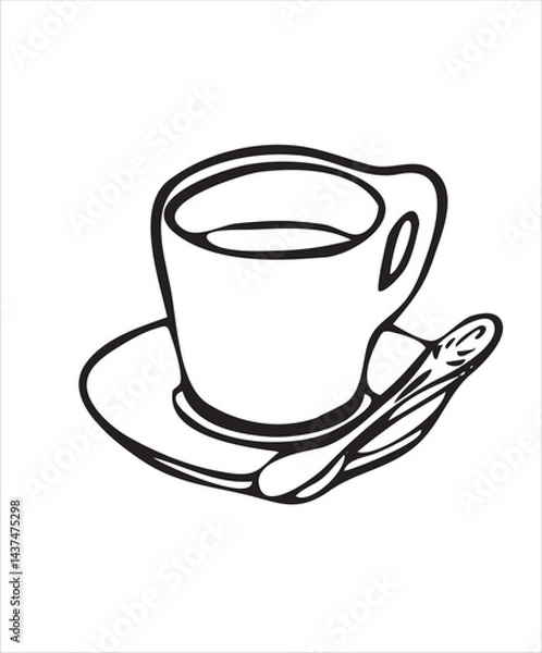 Fototapeta Vector doodles hand drawn coffee objects, coffee utensils, contoured simple doodles, cup with spoon, cafeteria, line art vector, coffee cup, favorite, stickers for coffee shop