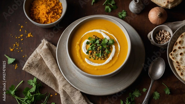 Obraz Golden Winter Soup with Turmeric A bright golden soup made with turmeric, lentils, and roasted squash is served in a white ceramic bowl. Swirls of coconut cream 