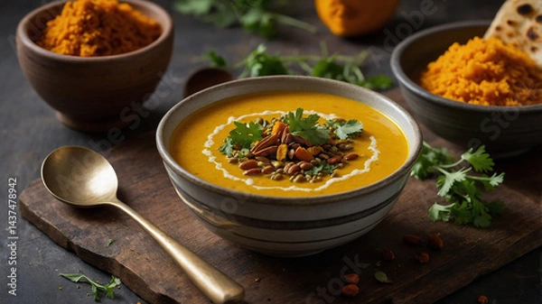 Obraz Golden Winter Soup with Turmeric A bright golden soup made with turmeric, lentils, and roasted squash is served in a white ceramic bowl. Swirls of coconut cream 