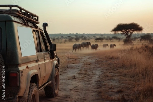 Obraz Safari vehicle observing elephants walking in the savannah at sunset with blank sign