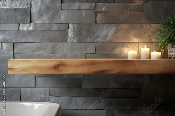 Obraz Empty wooden shelf displaying lit candles in modern bathroom